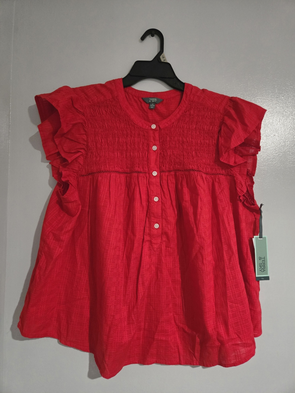 Terra & Sky Red Ruffle-Sleeve Button Front Blouse